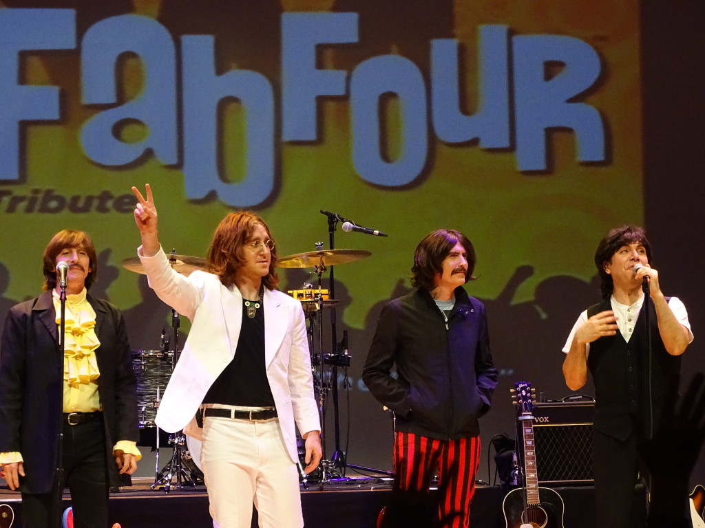Curtain Call: The Fab Four, L-R: Joe Bologna ("Ringo Starr"), Adam Hastings ("John Lennon"), Gavin Pring ("George Harrison"), and Ardy Sarraf ("Paul McCartney"). 
